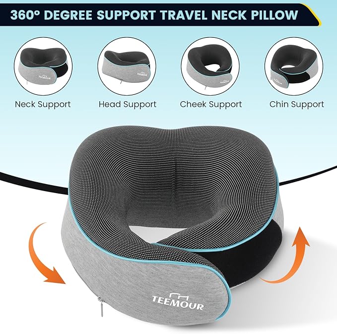 Travel Pillow-Neck Pillows for Airplanes, Memory Foam Travel Neck Pillow for Long Flights|Airport Travel Essentials 360° Support Gifts for Travellers With Eye Mask & Earplugs, Portable Carry Bag