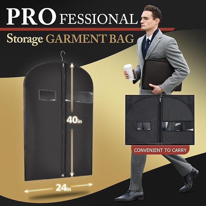 Hleelomi 40-inch Suit Bag Garment Bag for Travel and Storage, Garment Bags for Hanging Clothes with Zipper and Visible Transparent Window,1 Pack，Black