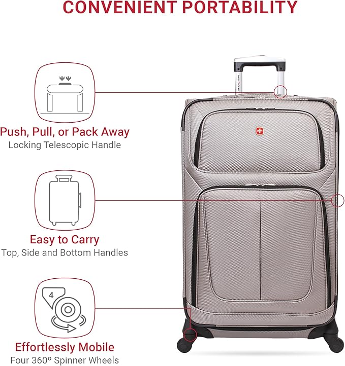 SWISSGEAR Sion Softside Expandable Spinner Luggage Durable Lightweight Travel Suitcase, Pewter, Checked-Large 29-Inch