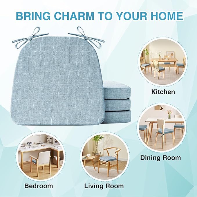 Chair Cushions for Dining Chairs Set of 6, Non Slip Kitchen Chair Pads, 17" x 16" x 2", Indoor Dining Chair Cushions with Ties, D-Shaped Seat Cushions for Kitchen Chairs, Light Blue