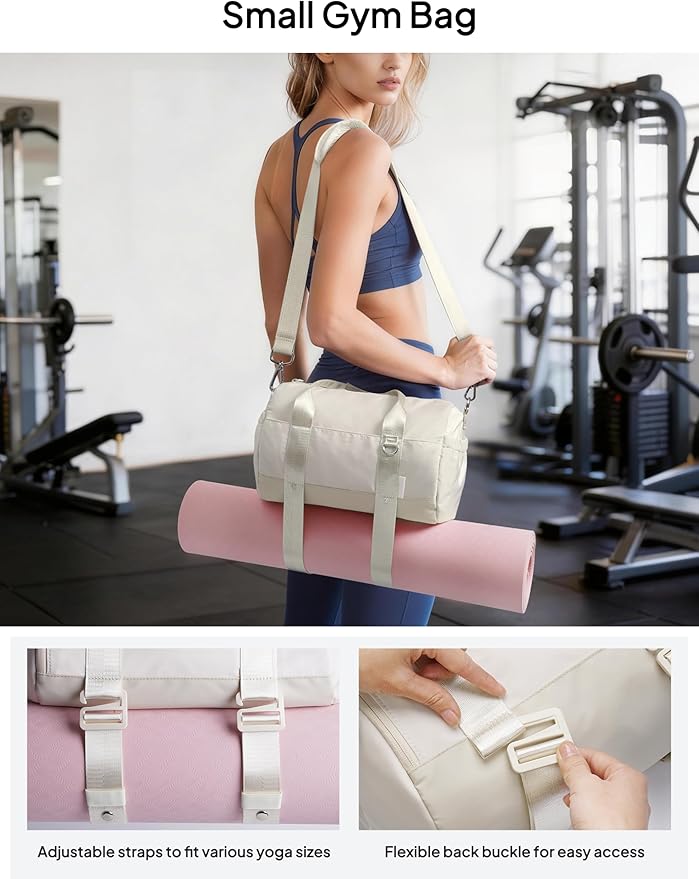 TOPEAST Small Gym Bag for Women with Yoga Mat Holder, Small Sports Duffle Bag Mini Gym Tote Bag with Water Bottle Pocket & Coin Purse for Weekender Travel Dance Workout, Beige