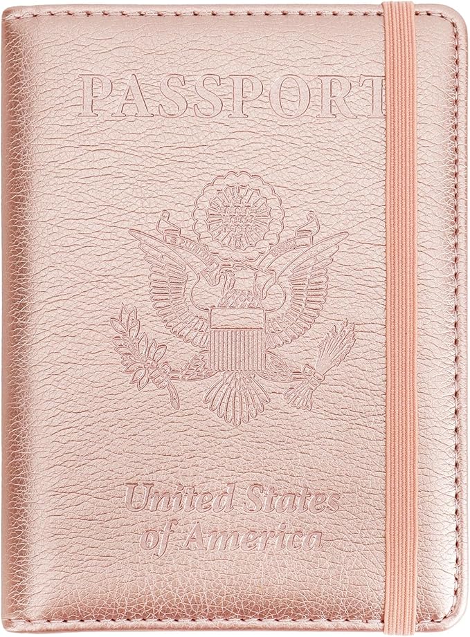 Passport Holder for Travel Essentials, Passport Cover Wallet Passport Holders for Women Men, PU Leather Passport Book Card Case with Pen Holder for Family Travel Must Haves Accessories, Rose Gold