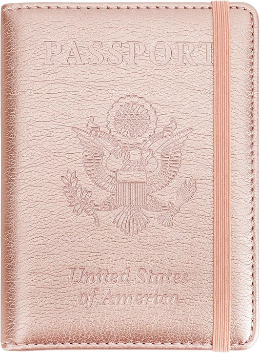 Passport Holder for Travel Essentials, Passport Cover Wallet Passport Holders for Women Men, PU Leather Passport Book Card Case with Pen Holder for Family Travel Must Haves Accessories, Rose Gold