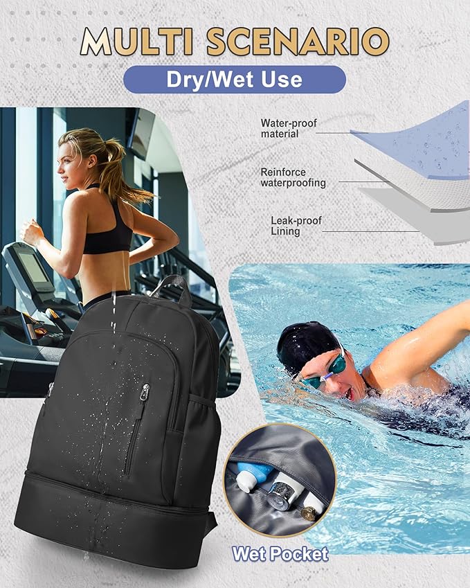 Gym Backpack for Women Men,Cheer bag,Lightweight Gym Bag with Shoe Compartment, Waterproof Sports Backpack with Wet Pocket, Black