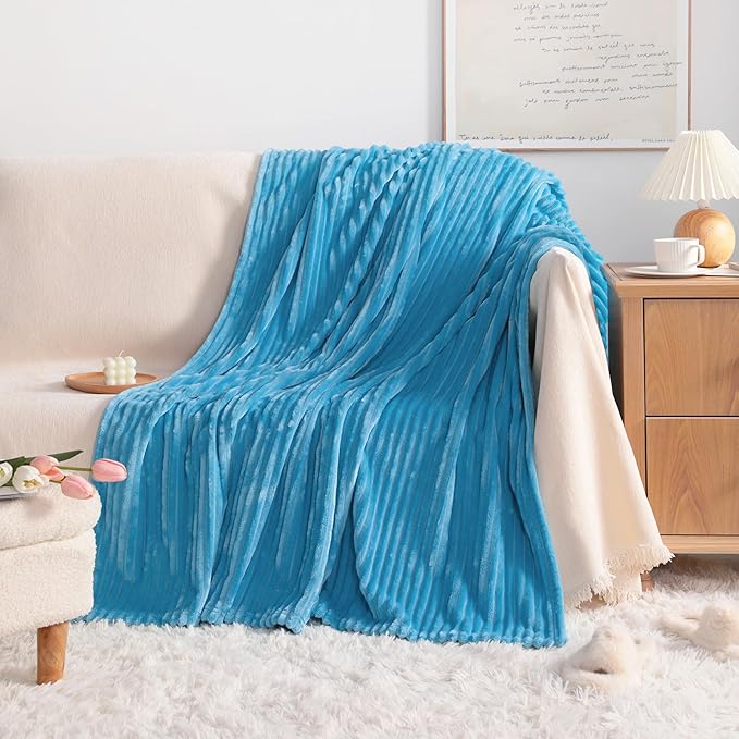 NTBAY Plush Flannel Twin Bed Blanket, 60X80 Inches Soft and Warm Lightweight Blanket with Striped Texture Bed Blanket for Couch Sofa Bed All Seasons, 60"x80", Blue