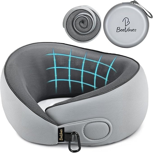 BeeVines Travel Pillow with Carry Case, Memory Foam Neck Pillows for Airplanes, 360° Wrap Around Support for Sleeping, Breathable & Washable Cover for Long Flights, Car & Train Traveling