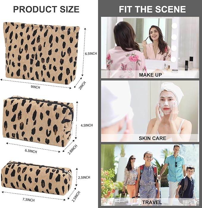 EIMMBD Makeup Bag 3 Pieces Large Capacity Cosmetic Bags Travel Toiletry Bag Organizer Cute Makeup Pouch Storage for Women(Brown Leopard)