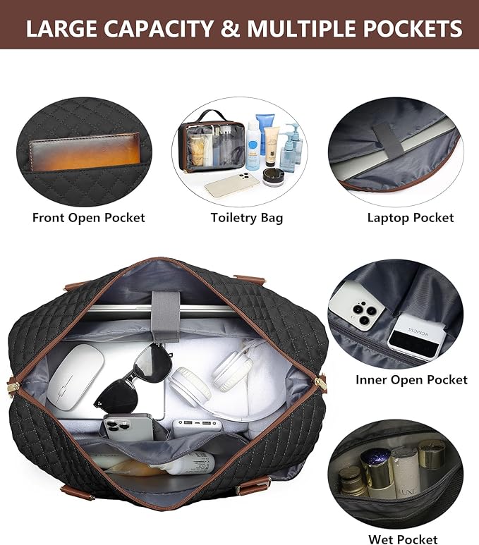 Travel Weekender Bags for Women Duffle - Carry on Overnight Bag with Shoe Compartment & Toiletry Gym Duffel Bags with Wet Pocket Hospital for Labor and Delivery Black Brown