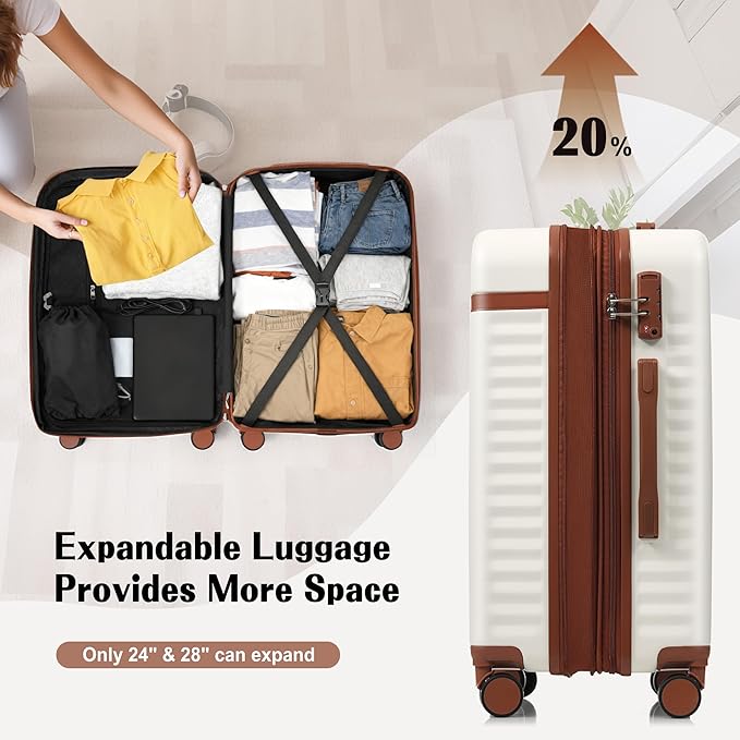 Hardshell Luggage, Lightweight Suitcase with Spinner Wheels, WHITE BROWN+USB