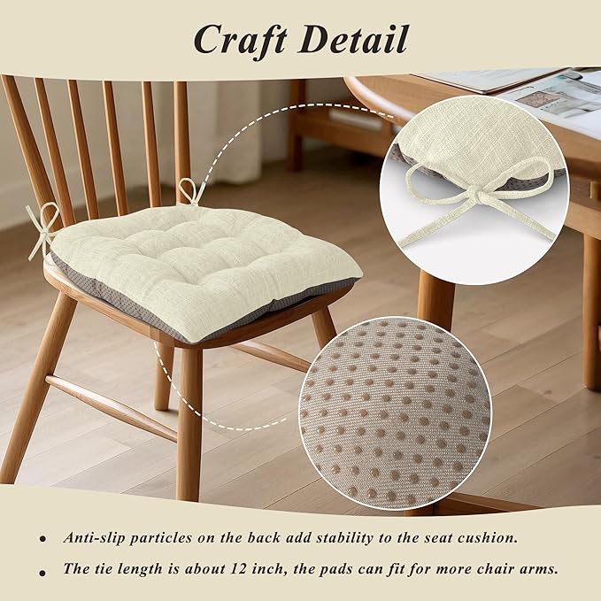 Chair Cushions for Dining Chairs Set of 4 Durable D-Shaped Seat Cushions with Non-Slip Backing Secure Ties Thick Cozy Seat Pad for Kitchen Dining Room Office(18x16.5x3in Beige)