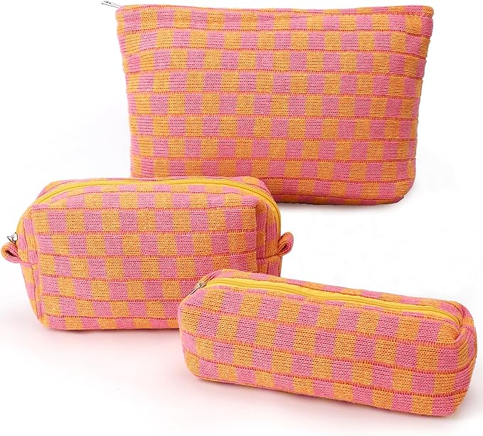 EIMMBD Makeup Bag 3 Pieces Large Capacity Checkered Cosmetic Bags Travel Toiletry Bag Organizer Cute Makeup Pouch Storage for Women(Orange & Pink)