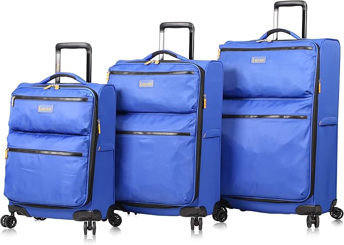 LUCAS Designer Luggage Collection - 3 Piece Softside Expandable Ultra Lightweight Spinner Suitcase Set - Travel Set includes 20 Inch Carry On, 24 Inch & 28 Inch Checked Suitcases (Royal Blue)
