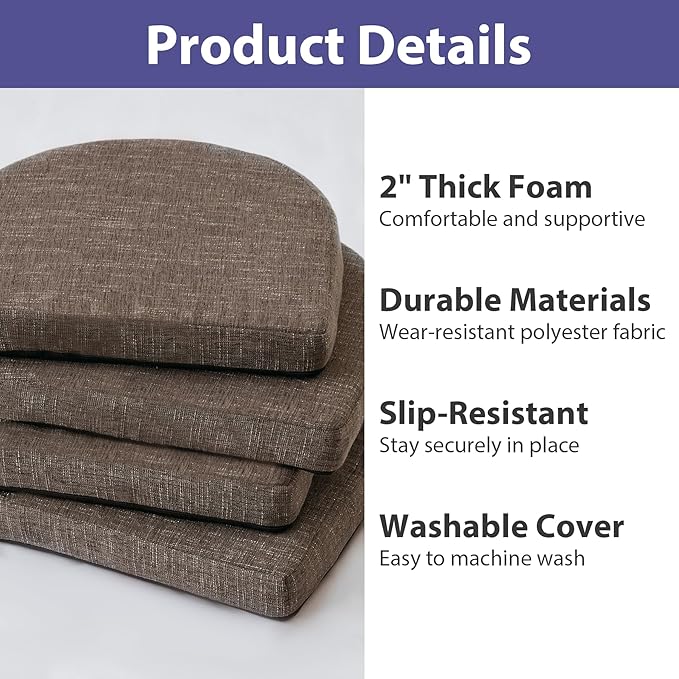 Chair Cushions for Dining Chairs with Ties and Removable Cover, Dining Kitchen Chair Pads with Non-Slip Bottom, High-Resilience Indoor Seat Cushions, 16'' x 16'' x 2'', Set of 6, Brown