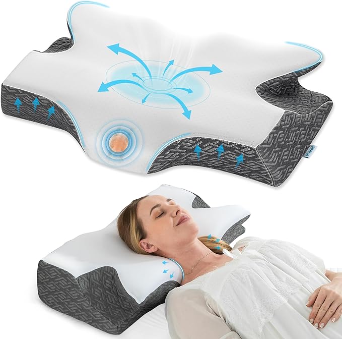 Elviros Cervical Neck Pillow for Sleeping, Memory Foam Pillow for Neck Pain Relief, Side Sleeper Cooling Pillows for Adults, Neck Support with Removable Pillowcase for Back & Stomach Sleepers