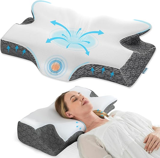 Elviros Cervical Neck Pillow for Sleeping, Memory Foam Pillow for Neck Pain Relief, Side Sleeper Cooling Pillows for Adults, Neck Support with Removable Pillowcase for Back & Stomach Sleepers