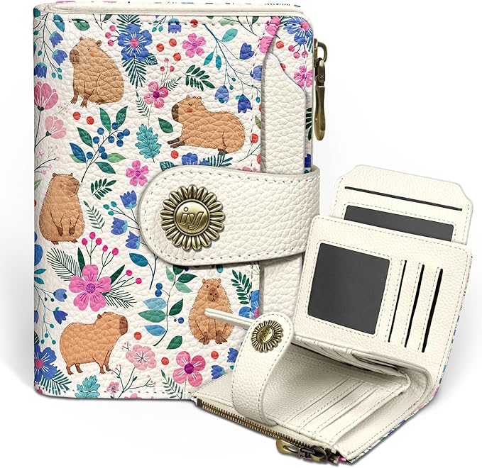 Icycay Cute Capybara Wallet Women Small RFID Blocking Bifold, Credit Card Holder, Zipper Coin Pocket, PU Leather, Compact, Travel, 4 ID Window, 14 Card Slots, Cash Purse, Ladies Woman Female Girls