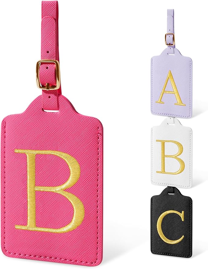Initial Luggage Tags for Suitcases, Cute Embroidered Letter Luggage Bag Suitcase Identifier Name Baggage Tag, PU Leather Travel Luggage Tags, Bag Tags for Men Women Kids Luggage Handbags(Rosered B)