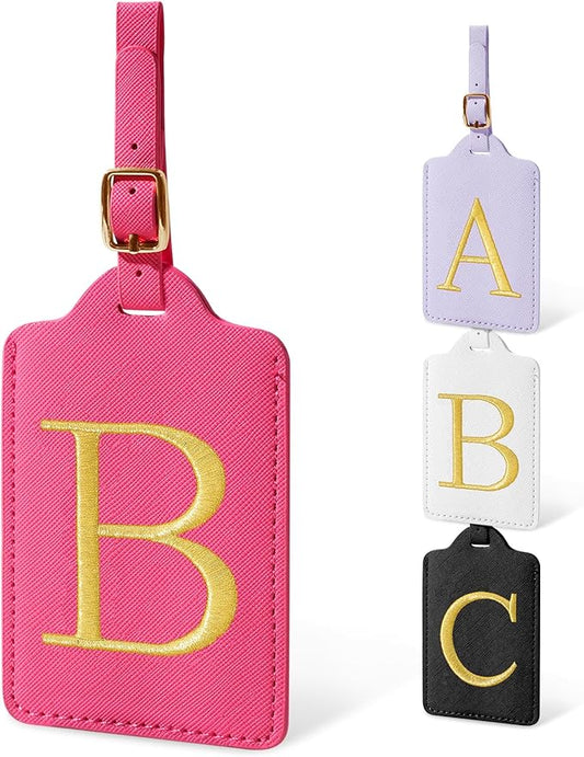 Initial Luggage Tags for Suitcases, Cute Embroidered Letter Luggage Bag Suitcase Identifier Name Baggage Tag, PU Leather Travel Luggage Tags, Bag Tags for Men Women Kids Luggage Handbags(Rosered B)