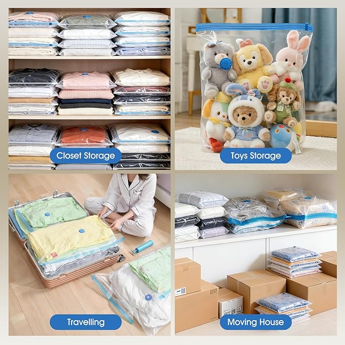AROIC 50 Pack Vacuum Storage Bags, 5 Sizes + 2 Roll-up (8 Each) Space Saver Vacuum Sealer Bags for Clothing with 1 Electric Pump and 1 Hand Pump, Seasonal Storage Bags for Luggage, Travel Essentials