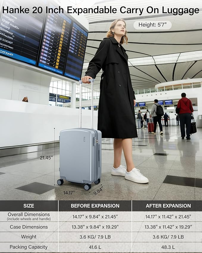 Hanke Expandable Carry On Luggage 22x14x9 Airline Approved, 20 Inch Hard Shell Suitcases with Wheels, Lightweight Travel Luggage Carry On Suitcase for Woman & Men with Tsa Lock(Grey)
