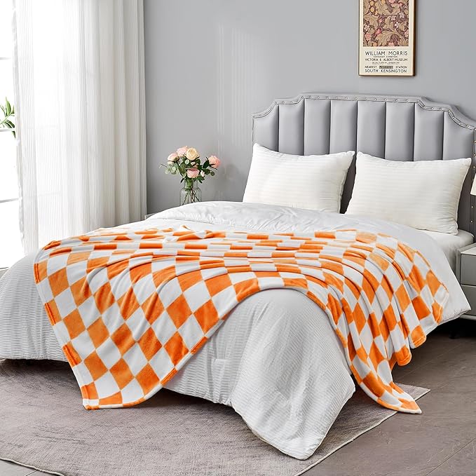 Orange Checkered Blanket, Soft Cozy Fleece Checkered Throw Blankets for Bed Sofa Couch Camping, Ultra Fluffy Throws for All Seasons, 50x60 Inch, Orange