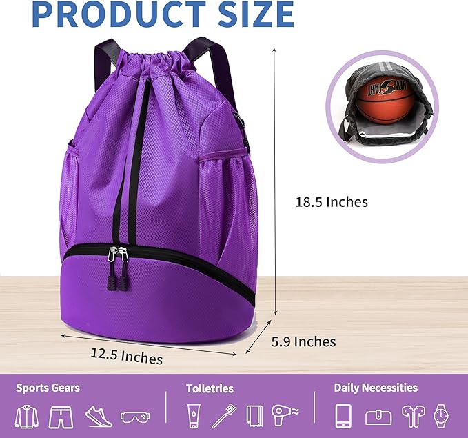 Drawstring Backpack Gym Bag with Shoes Compartment for Soccer, Basketball, Swim, Water-Resistant String Backpack Beach Cinch for Women Men, Purple
