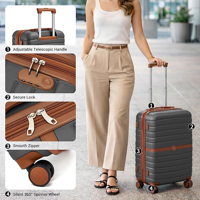 Kono Expandable 28 Inch Luggage with Spinner Wheels, Large Checked Luggage with Lock, Lightweight & Anti-Scratch PC+ABS Hardshell Travel Suitcase, Grey/Brown
