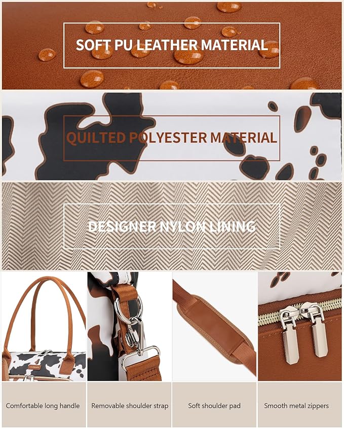 Weekender Bags for Women, Travel Duffle Bag Carry On Overnight Bag with Cosmetics Bag and Crossbody Purse for Gym Hospital, Gifts for Women, Cow Print Brown