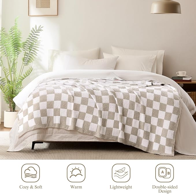 Checkered Throw Blanket, Taupe Soft Cozy Fluffy Knitted Throw Blankets for Couch, Sofa, Bed, Chair, Warm Fuzzy Travel Picnic Lightweight Plaid Blanket, 50x70 inches