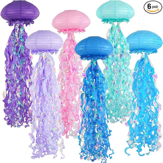 6-Pack Jellyfish Paper Lanterns, Under the Sea Party Decorations | 10-Inch Blue, Purple & Pink Hanging Lamps for Mermaid Birthdays, Baby Showers, Pool Events, Classrooms & Ocean-Themed Rooms
