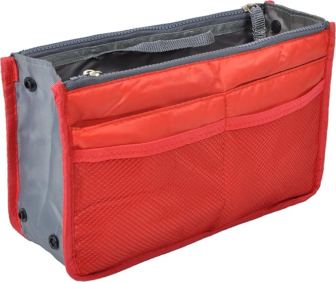 Vercord Purse Organizer Insert for Handbags Bag Organizers Inside Tote Pocketbook Women Nurse Nylon 13 Pockets Red Medium