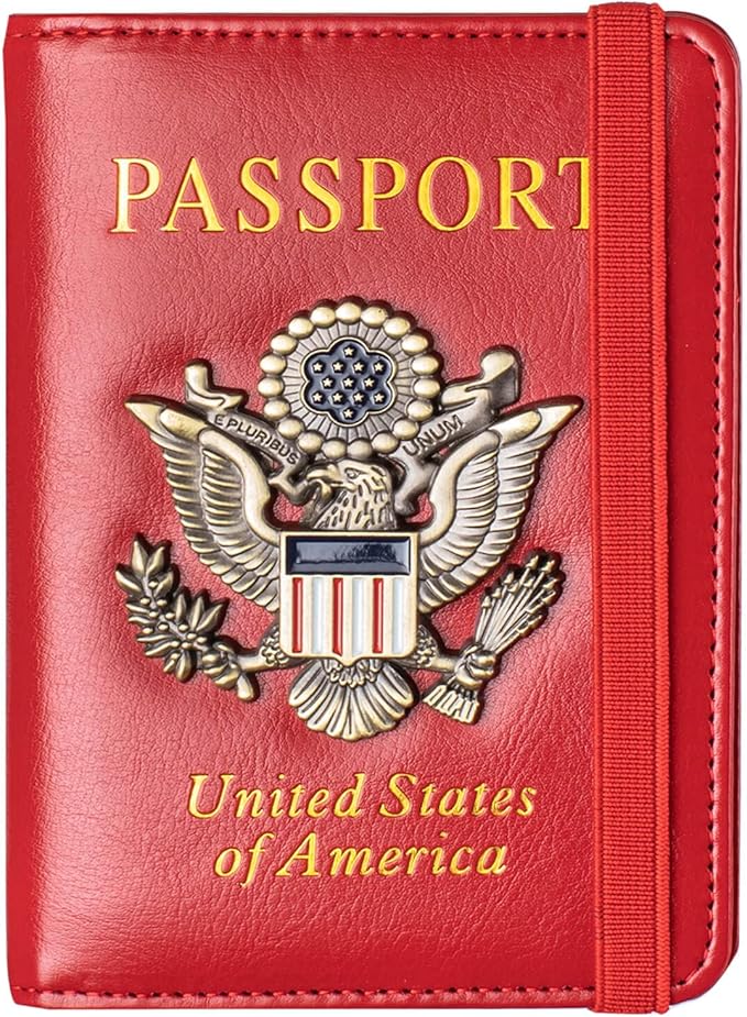 Passport Holder Cover and Card Case Slot Combo RFID Blocking Leather Travel Passport Wallet for Men and Women US Passport Protector Document Organizer,Bright Red