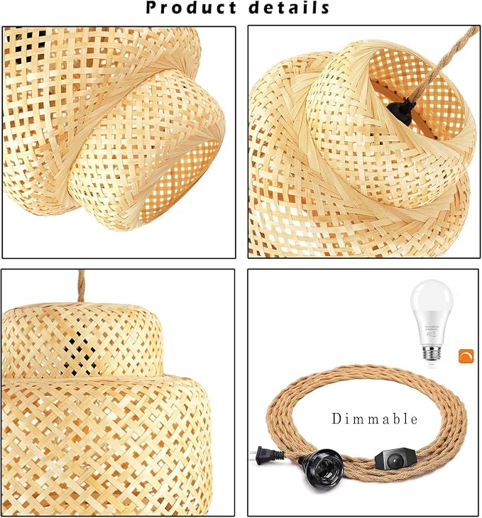 Plug in Pendant Light Rattan Hanging Lights with Plug in Cord Bamboo Hanging Lamp Dimmable,Handmade Woven Boho Wicker Basket Lamp Shade,Plug in Ceiling Light Fixture for Living Room Bedroom Kitchen