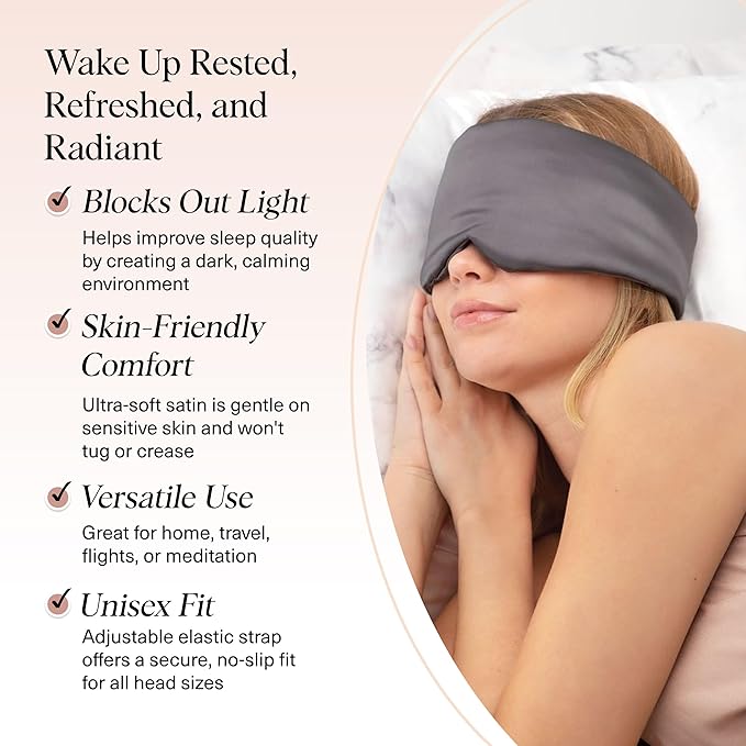 Kitsch Satin Sleep Mask - Eye Masks for Sleep, Softer Than Silk Satin Sleeping Mask Blindfold and Sleep Masks for Women and Men, Eye Care Travel Essentials - Charcoal Black