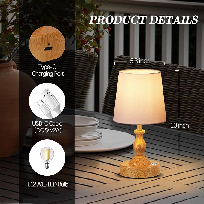 Mini Cordless LED Table Lamp, 5200mAh Rechargeable Battery Operated Lamp, 3-Level Brightness, Touch Dimmable Desk Lamp, Bedside Night Light for Patio Camping Restaurant Home, Wood Grain