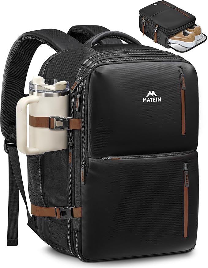 MATEIN 18x14x8 Inches Travel Backpack Personal Item, Expandable Underseat Backpack for Airplane with Shoe Compartment, TSA Airline Approved Carry on Bag Luggage Mochila Fit 17" Laptop, Black Brown
