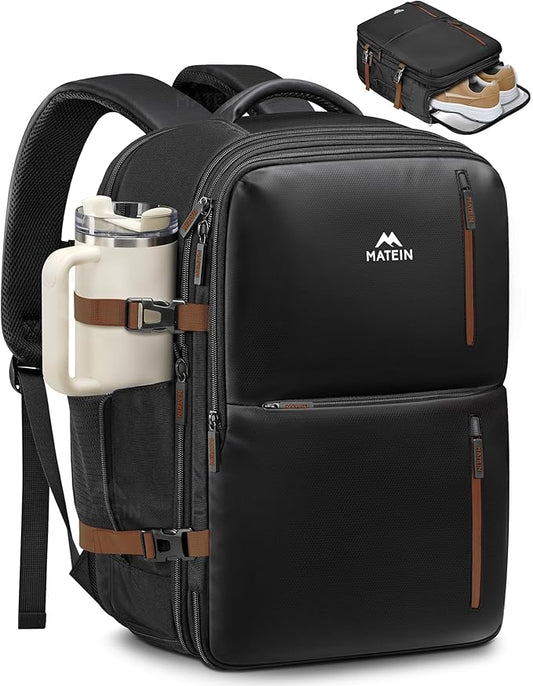 MATEIN 18x14x8 Inches Travel Backpack Personal Item, Expandable Underseat Backpack for Airplane with Shoe Compartment, TSA Airline Approved Carry on Bag Luggage Mochila Fit 17" Laptop, Black Brown