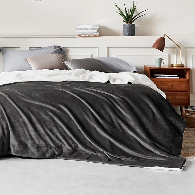 Bedsure GentleSoft Sherpa Fleece Blankets King Size for Bed, Non-Heated, Thick and Warm Throw for Women and Men, Soft Fuzzy Plush King Blanket for Winter, Charcoal, 108x90 Inches