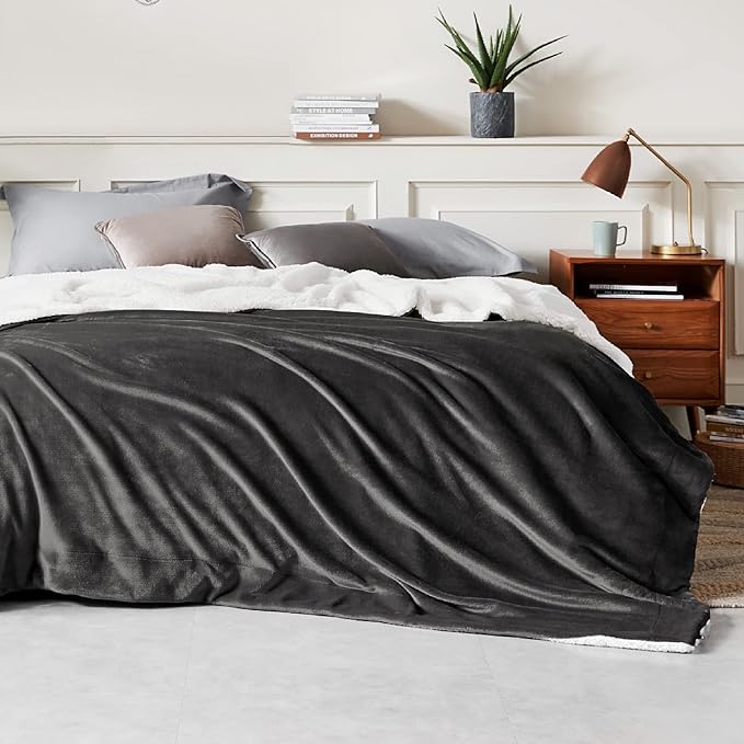 Bedsure GentleSoft Sherpa Fleece Blanket Queen Size for Bed, Non-Heated, Thick and Warm Throw for Women and Men, Soft Fuzzy Plush Queen Blanket for Winter, Charcoal, 90x90 Inches