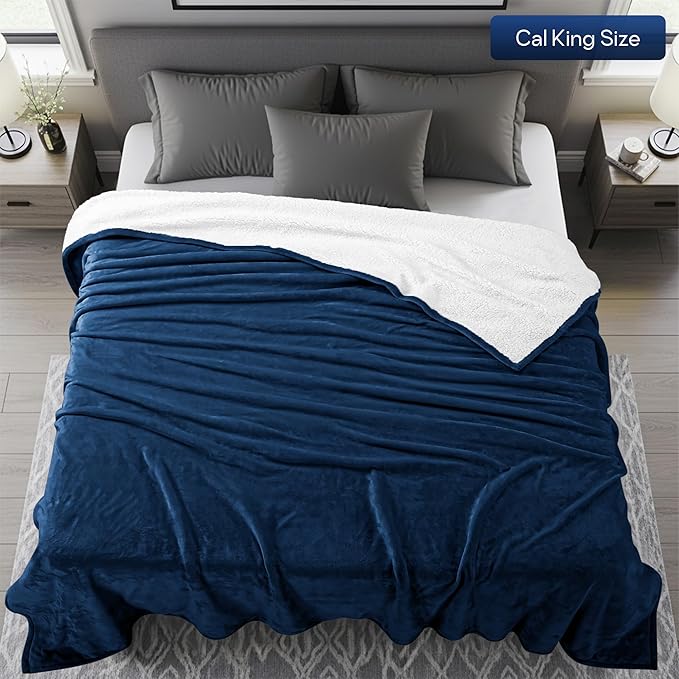 Utopia Bedding Sherpa Blanket California King Size (Navy, 102x96 Inches) - Soft Lightweight Plush Fleece Reversible Blanket for Bed, Sofa, Couch, Camping and Travel