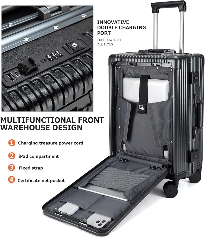 feilario Aluminium Frame PC Hard Shell Spinner Wheels Luggage,22.5"X15"X9.5" Airline Approved Built-In TSA lock Carry on Suitcase, with Cup Holder, USB Port, Phone Holder