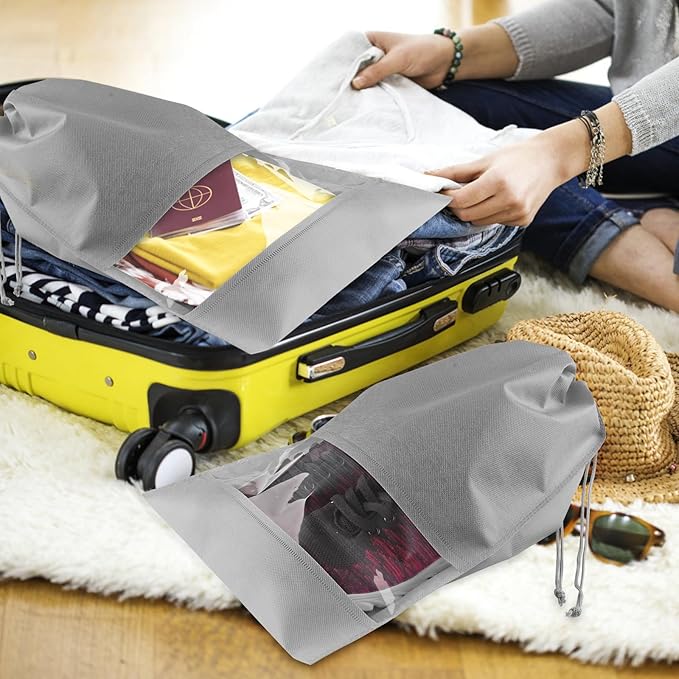Shoe Bags for Travel, 5 Pcs Large Gray Travel Shoe Bags for Packing, Non-Woven Drawstring Travel Shoe Storage Bag with Clear Window for Men and Women（12.6" X 17.3" ）