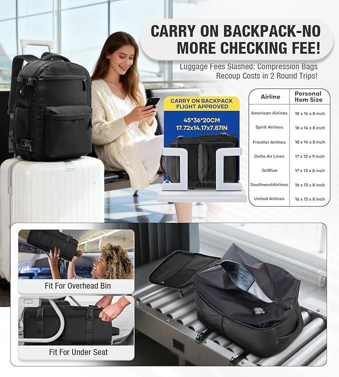 VECAVE Vacuum Travel Backpack with Pump for Women, Personal Item Carry on Backpacks Flight Approved for Men,Laptop Waterproof Work Compression bags Casual Daypack Black..