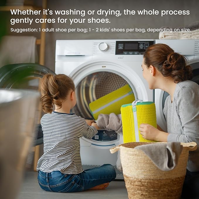 1pc Shoe Washing Machine Bag, Sneaker Laundry Bag for Washing Machine, Extra Long and Thick Microfibre Fluff, Reusable for Washer and Dryer (1pc, Yellowish Green)