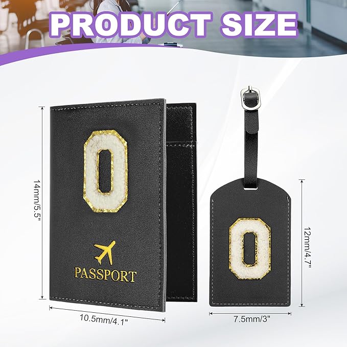 PATIKIL Passport Holder for Travel, Initial Passport Cover and Luggage Tag Set with Alphabet Chenille Letter Patch Travel Wallet Bag Suitcase Identifier for Women Family Travel Black O