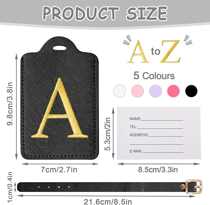 Initial Luggage Tags for Suitcases, Cute Embroidered Letter Luggage Bag Suitcase Identifier Name Baggage Tag, PU Leather Travel Luggage Tags, Bag Tags for Men Women Kids Luggage Handbags(Black A)
