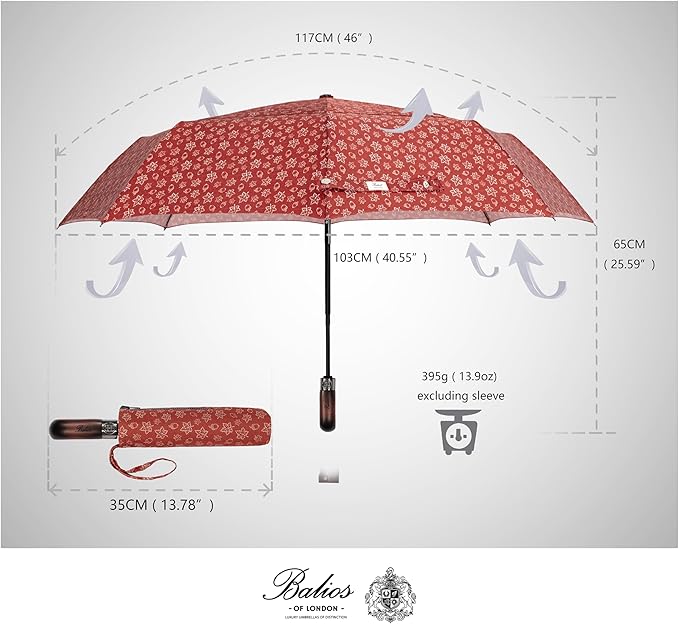 Balios Travel Folding Umbrella with Real Wood Handle Auto Open Close Vented Windproof Canopy - Designed in UK