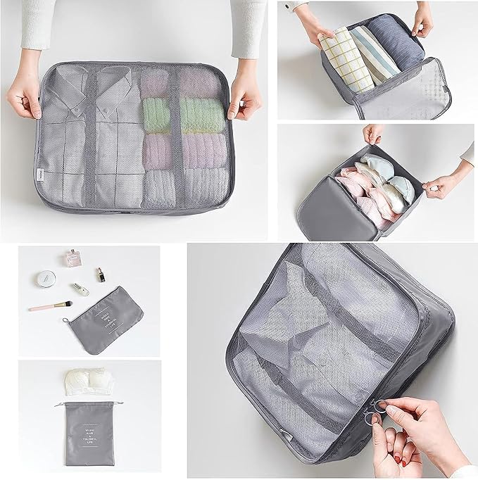 6 Set Packing Cubes for Travel, Luggage Organizers with Shoe & Toiletry Bags, Lightweight Suitcase Organizer for Carry-On, Washable Laundry Bags(Grey)