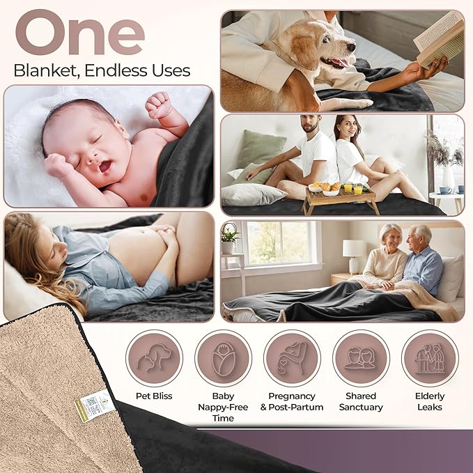 Sacred Weapon Waterproof Blanket for Bed – Mini Sherpa & Fleece Throw – Water Proof Blanket for Couch Cover & Mattress Protector Absorbent Washable Spill Proof – Travel Blankets (Black, 40"x 45")