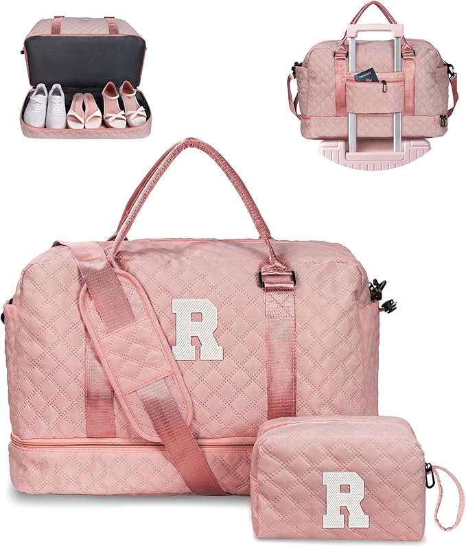 Girls Duffle Bag, Initial Bag, Personalized Weekender Bag with Shoulder Strap, Monogram Overnight Bag for Women Wet Pocket, Letter Travel Bag with Makeup Bag Gifts for Niece (Letter R)